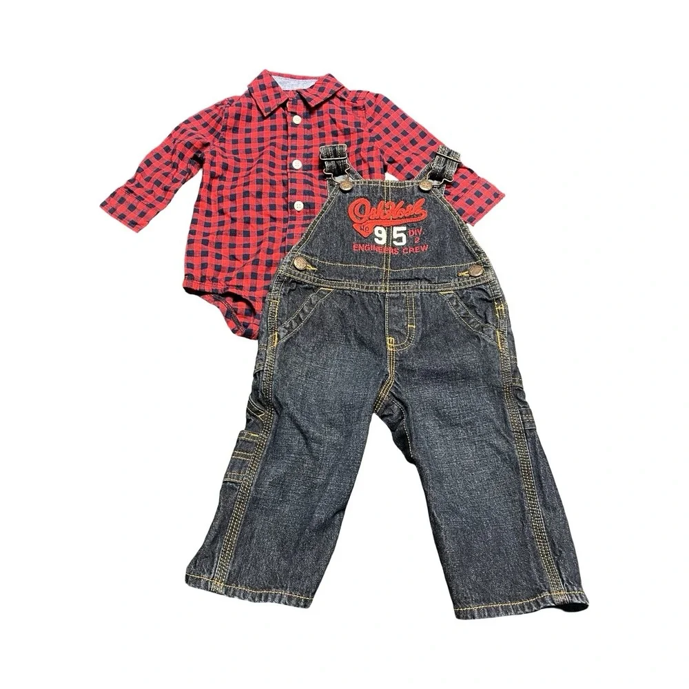 OshKosh Bgosh Boys 9M Red Plaid Bodysuit and Denim Overalls Set Engineer‎ Crew